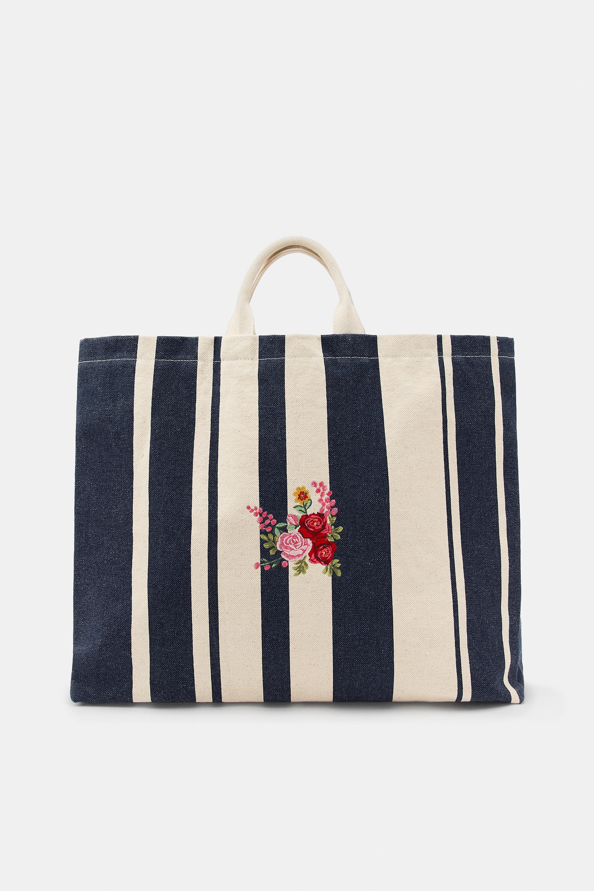MAXI SAC À RAYURES ET FLEURS BRODÉES